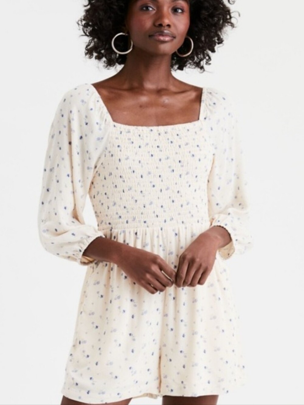 American Eagle Outfitters Smock Cream Floral Romper With Pockets